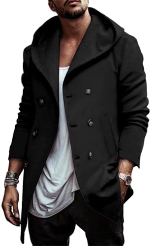 Zeiyignr Men Trench Coat Wool Blend Coats Hooded Long Jacket